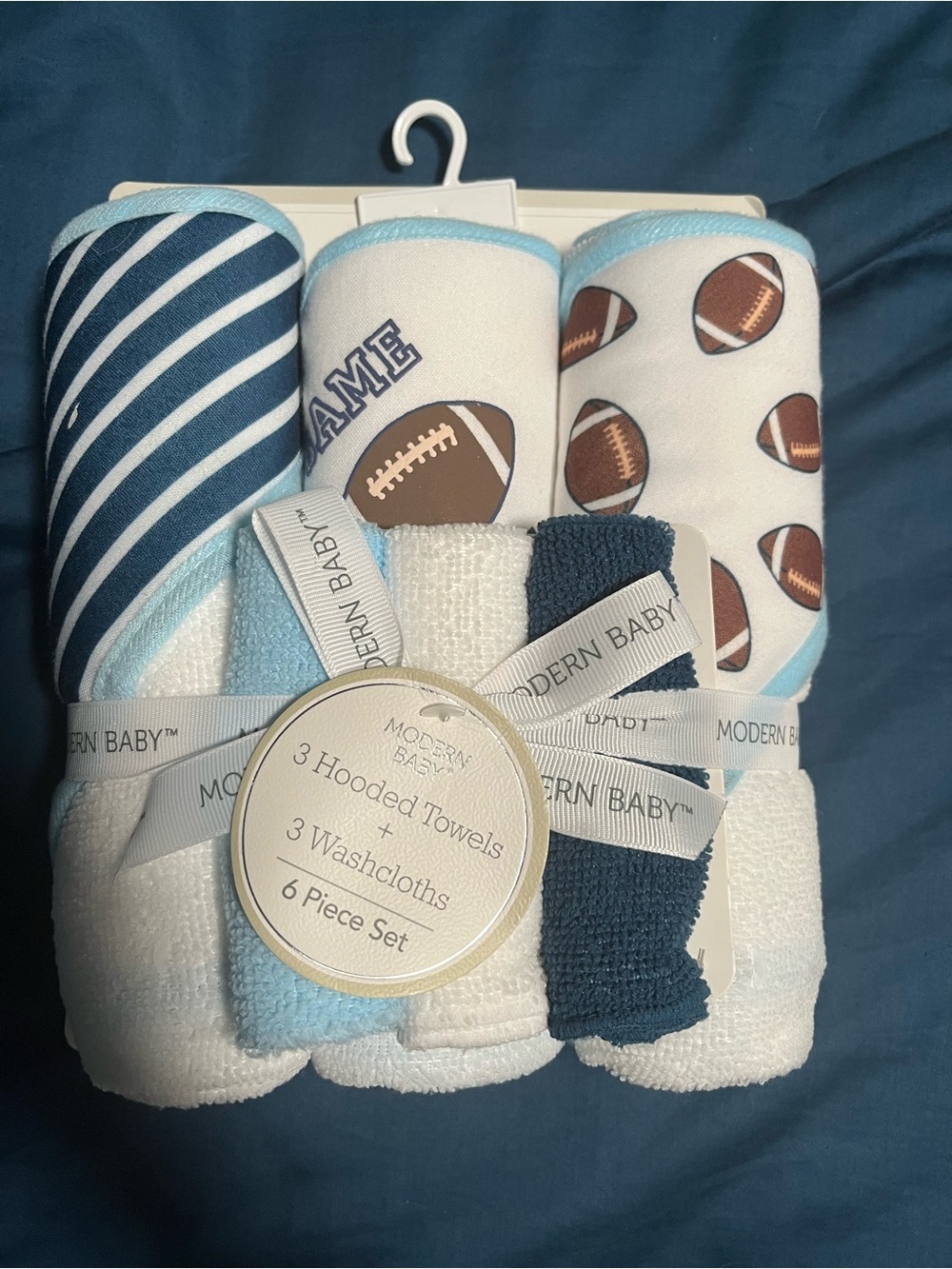 Modern Baby Navy & White Football Hooded Towel Set
